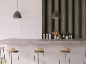 Bedroom with gray acoustic wood wall panels
