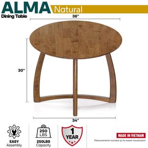 Alma 36 Inches Round Dining Table for 4, Mid-Century Modern Kitchen & Dining Room Tables - detail view