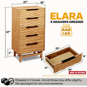 Elara Solid Wood Dresser with 5 Drawers - side view