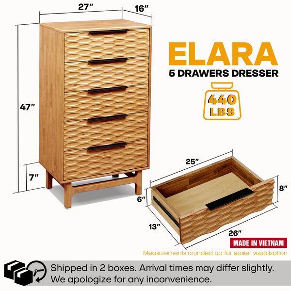 Elara Solid Wood Dresser with 5 Drawers - side view