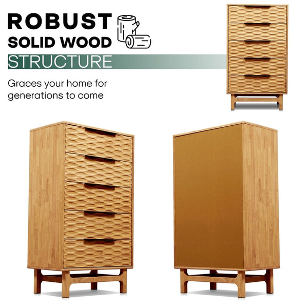 Elara Solid Wood Dresser with 5 Drawers - dimensions