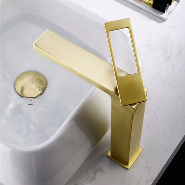 Brushed Gold Bathroom Sink Faucet single handle with pop up overflow brass drain - front view