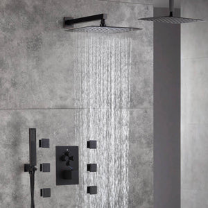 12-Inch Or 16 inch Non-LED Oil Rubbed Bronze (ORB) Ceiling-Mounted 4-Way Thermostatic Valve with Wall-Mounted 12-Inch Rain Head, Body Jets, and Dual Functionality - front view