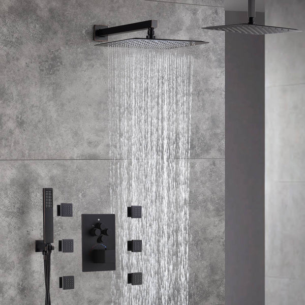 12-Inch Or 16 inch Non-LED Oil Rubbed Bronze (ORB) Ceiling-Mounted 4-Way Thermostatic Valve with Wall-Mounted 12-Inch Rain Head, Body Jets, and Dual Functionality - front view