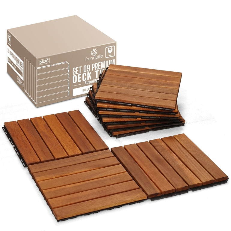 Tranquillo Acacia Deck Tiles 6 Slat Interlocking Decking Tiles set 9 - Indoor & Outdoor Flooring