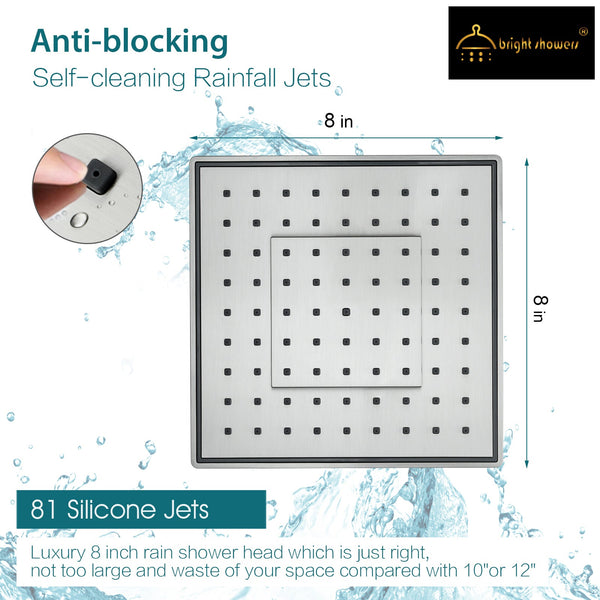 8 Inch Square Rainfall Shower Head with Angle Adjustable