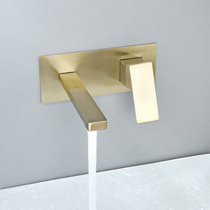 Brushed Gold wall mount bathroom sink basin faucet with pop up drain - front view