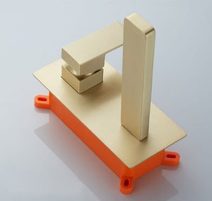 Brushed Gold wall mount bathroom sink basin faucet with pop up drain - detail view