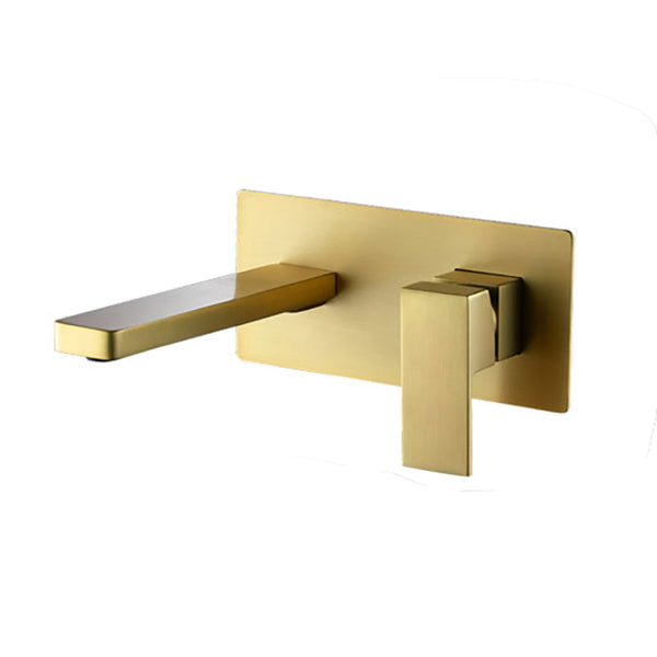 Brushed Gold wall mount bathroom sink basin faucet with pop up drain - close-up