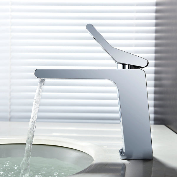 Chrome Single handle bathroom basin faucet with pop up overflow brass drain - side view