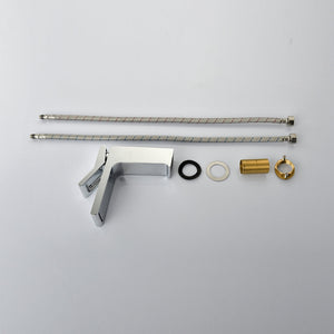 Chrome Single handle bathroom basin faucet with pop up overflow brass drain - lifestyle photo