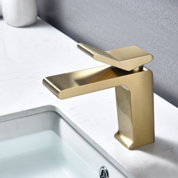 Brushed Gold Bathroom Sink Faucet single handle with pop up overflow brass drain - front view