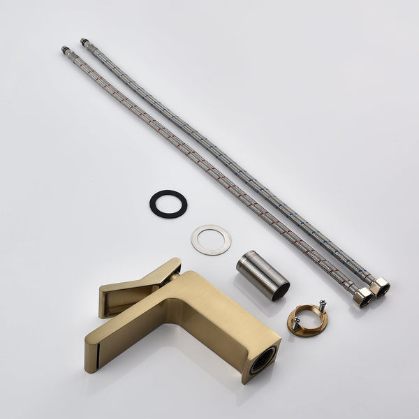 Brushed Gold Bathroom Sink Faucet single handle with pop up overflow brass drain - side view