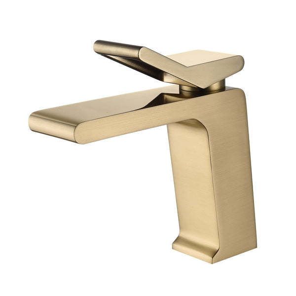 Brushed Gold Bathroom Sink Faucet single handle with pop up overflow brass drain - detail view