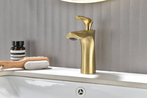 Brushed Gold Bathroom Sink Faucet single handle with pop up non-overflow brass drain - side view