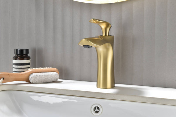 Brushed Gold Bathroom Sink Faucet single handle with pop up non-overflow brass drain - side view