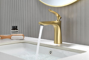 Brushed Gold Bathroom Sink Faucet single handle with pop up non-overflow brass drain - front view