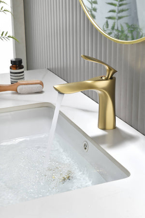 Brushed Gold Bathroom Sink Faucet single handle with pop up non-overflow brass drain - detail view