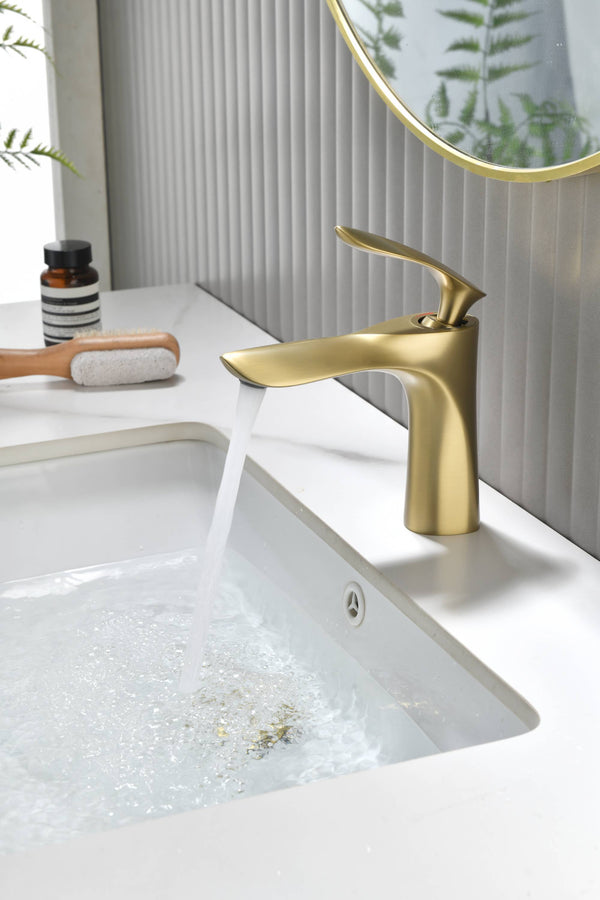 Brushed Gold Bathroom Sink Faucet single handle with pop up non-overflow brass drain - detail view