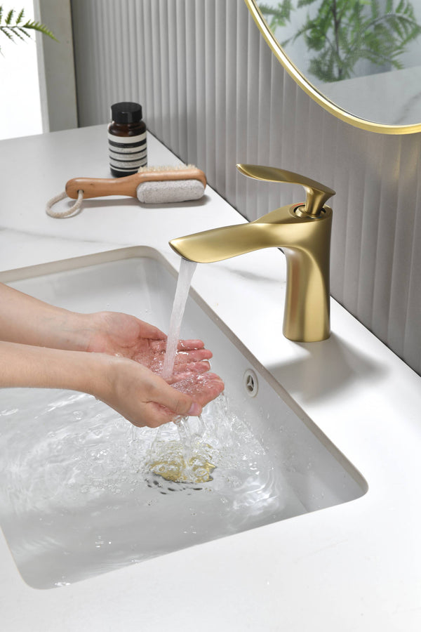 Brushed Gold Bathroom Sink Faucet single handle with pop up non-overflow brass drain - lifestyle photo