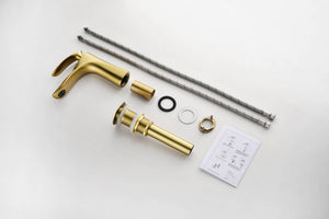 Brushed Gold Bathroom Sink Faucet single handle with pop up non-overflow brass drain - close-up