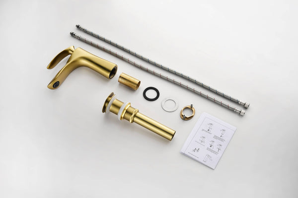 Brushed Gold Bathroom Sink Faucet single handle with pop up non-overflow brass drain - close-up
