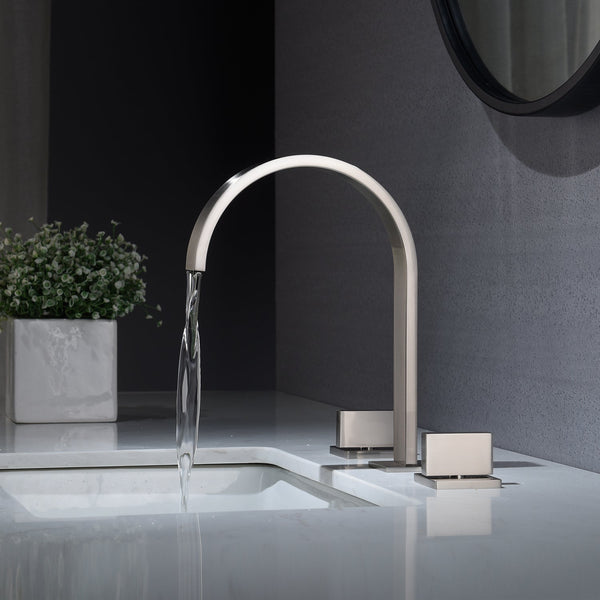 Brushed Nickel Waterfall Widespread Bathroom Basin Faucet with Two Handles and Overflow Brass Pop-Up Drain - detail view