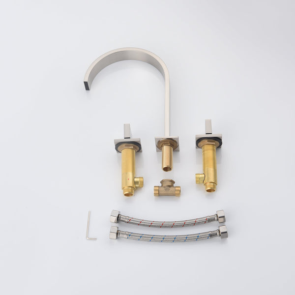 Chrome waterfall three holes two handle bathroom basin faucet with pop up overflow brass drain - side view