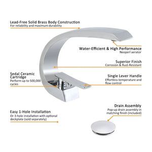 Chrome Bathroom Sink Faucet Single Handle Single Hole Lavatory Faucet with overflow pop up drain - side view