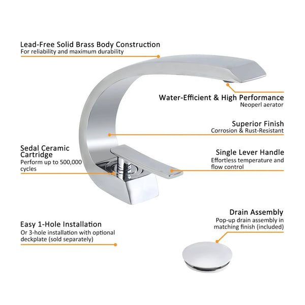 Chrome Bathroom Sink Faucet Single Handle Single Hole Lavatory Faucet with overflow pop up drain - side view
