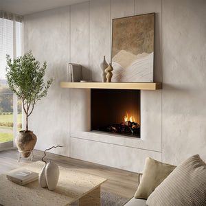 Modern Solid Wood Fireplace Mantel Shelf – Natural finish lifestyle photo