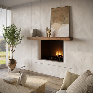 Modern Solid Wood Fireplace Mantel Shelf – Walnut finish lifestyle photo