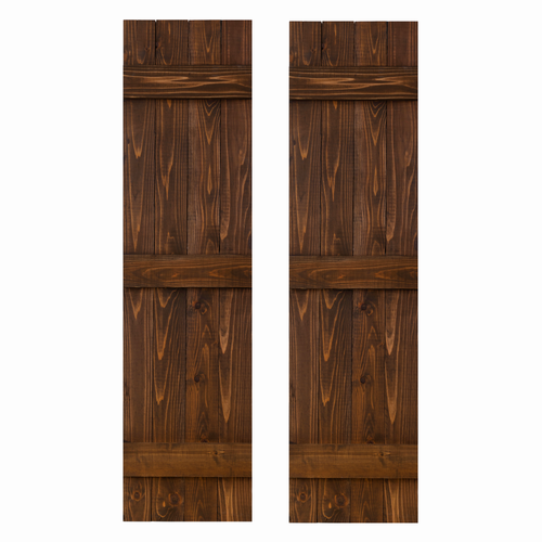 Chocolate Traditional Board and Batten exterior wood shutters - front view