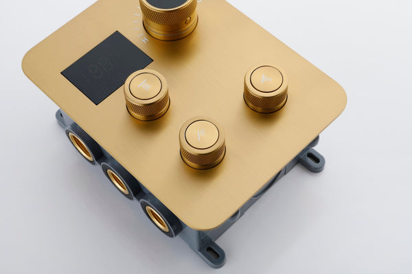 Brushed Gold Wall-Mounted 3-Way Thermostatic Shower System with Body Jets - detail view