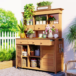 TOPMAX 65.7'' Tall Garden Potting Bench Table with Hutch - front view