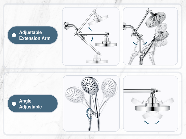 Dual Shower Head with Adjustable Extension Arm, 3-Way Diverter and Hose - dimensions