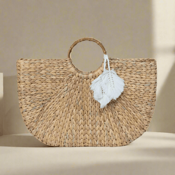 Boho Chic Handwoven Straw Tote Bag - side view