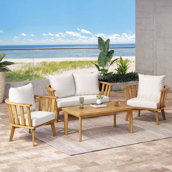 4-Pieces Acacia Wood Patio Furniture Set with Cushions - detail view