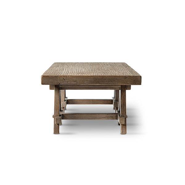 Hawthorne 48' Solid Reclaimed Elm Rectangular Trestle Coffee Table, Heritage Medium-Dark Brown - lifestyle photo