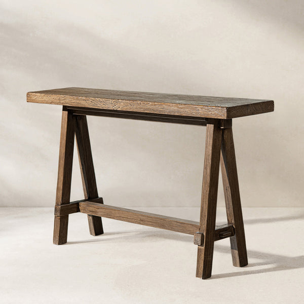 Hawthorne 60'' Solid Reclaimed Elm Trestle Console Table, Heritage Medium-Dark Brown - detail view