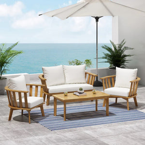 4-Pieces Acacia Wood Patio Furniture Set with Cushions - front view