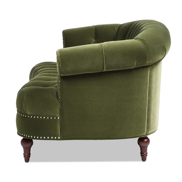 La Rosa Victorian Chesterfield Loveseat, Olive Green Performance Velvet - close-up