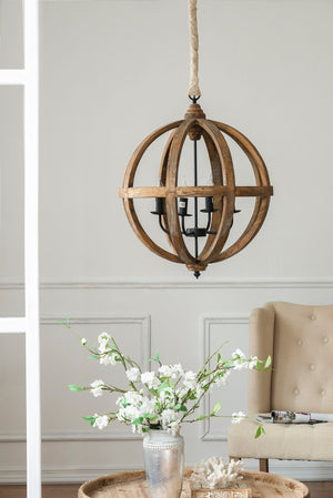 4 Light Wood Chandelier with Adjustable Chain - front view