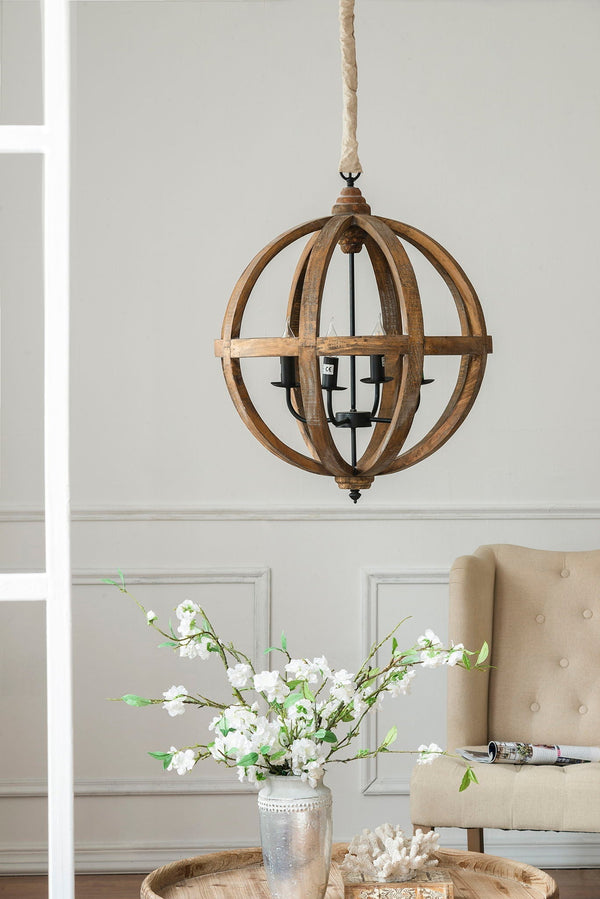 4 Light Wood Chandelier with Adjustable Chain - front view