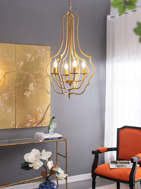 4 Light Chandelier, Hanging Light Fixture With Adjustable Chain For Kitchen, Bulb Not Included - Gold - front view