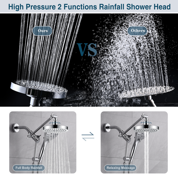 Dual Shower Head with Adjustable Extension Arm, 3-Way Diverter and Hose - side view