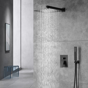 Matte Black Wall Mounted Rainfall Shower Faucet Dual Function with Pressure Balance Rough-In Valve - front view