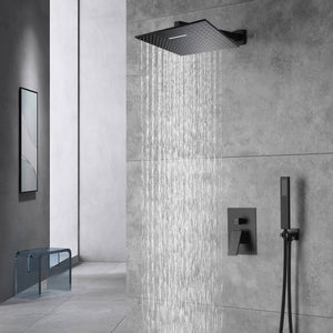 Matte Black Wall Mounted Rainfall Shower Faucet Dual Function with Pressure Balance Rough-In Valve - lifestyle photo