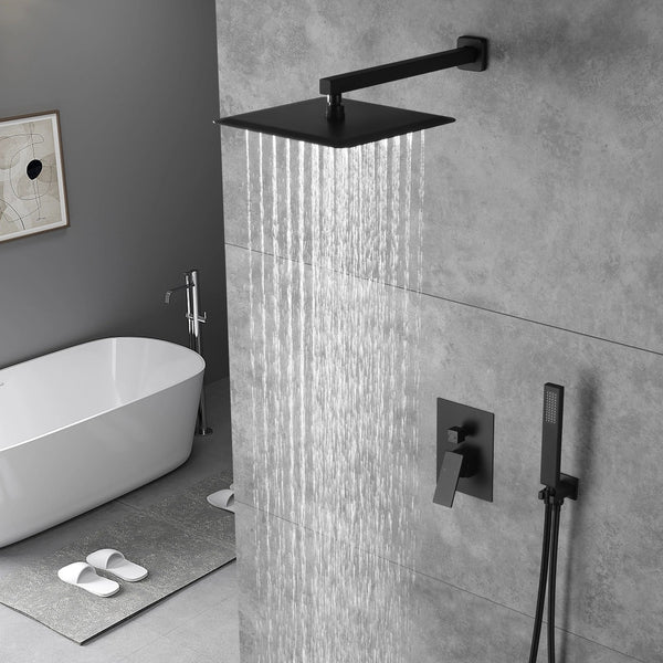 Matte Black Wall Mounted Rainfall Shower Faucet Dual Function with Pressure Balance Rough-In Valve - detail view