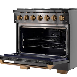 Kucht Gemstone Professional 36 in. 5.2 cu. ft. Natural Gas Range with Sealed Burners and Convection Oven in Titanium Stainless Steel KEG363 - in use